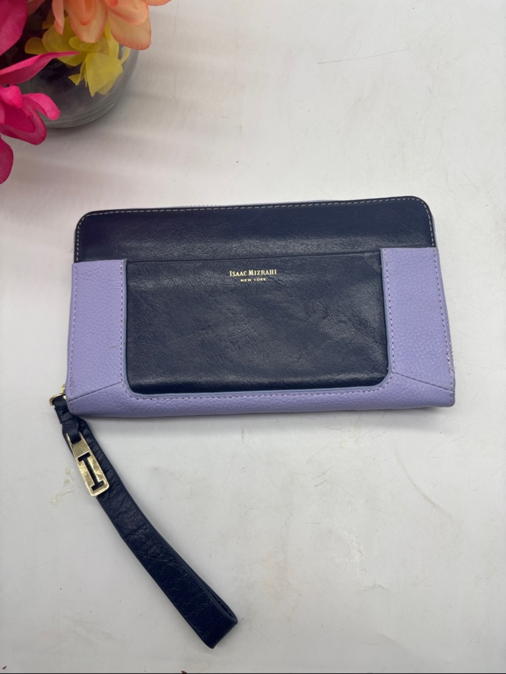 Isaac Mizrahi Lavender and Navy Leather Wristlet